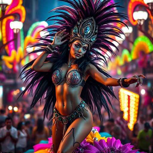 The image depicts a woman dressed in an elaborate costume, reminiscent of a carnival dancer or a figure from a parade. She is adorned with a striking headdress that features a large, ornate crown-like structure with a teardrop shape at the front, embellished with blue jewels. The headdress is further accentuated by long, flowing feathers that extend from the back of her head, cascading down her back.

Her attire includes a bikini-style top made of metal, with circular elements covering her breasts. She is also wearing a metallic belt around her waist, decorated with green jewels. The woman's long, black hair complements her overall look, and she has a bracelet on her left wrist. Her right hand is raised to her ear, adding to the dynamic pose.

The background is blurred, but it suggests a festive atmosphere with people and bright lights. The woman appears to be standing on a platform adorned with large, colorful flowers, including a prominent purple flower in the foreground. The scene captures the essence of a lively carnival or parade, with the woman as the captivating focal point.