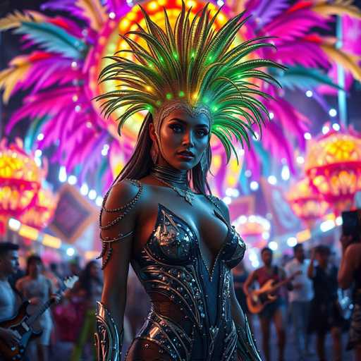 The image depicts a striking scene reminiscent of a Mardi Gras celebration, featuring a central figure who appears to be a woman with dark skin and long, dark hair. She is adorned in an elaborate costume that includes a metallic bra and matching pants, complemented by a headdress resembling a peacock's tail, with green and yellow lights interspersed among the feathers. Her outfit is further embellished with metallic accessories, including a necklace, bracelets, and arm pieces. The background is filled with vibrant, colorful lights in shades of pink, blue, yellow, and orange, creating a festive atmosphere. Blurred figures of people, some playing guitars, can be seen in the background, adding to the lively and celebratory mood of the scene.