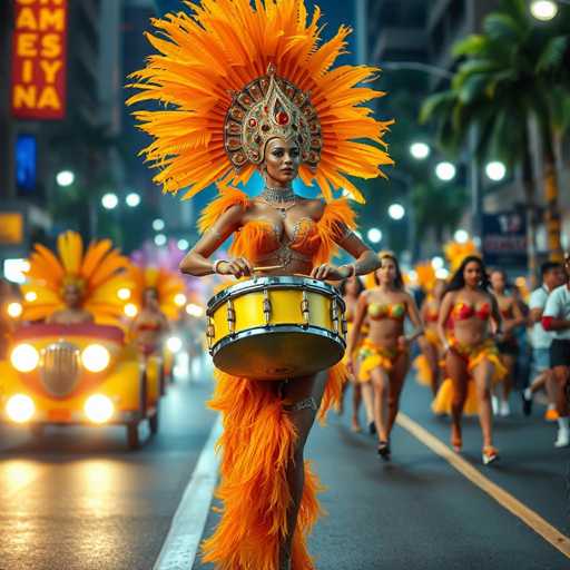 A woman is walking down a street at night wearing an orange and gold headdress with feathers on her shoulders and holding a drum. The background shows buildings and cars, suggesting the location could be a city or town center.