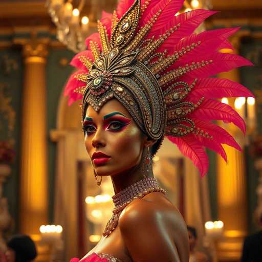 The image depicts a strikingly beautiful woman with dark skin, adorned in an elaborate and ornate outfit. She wears a grand headdress that resembles a crown, intricately decorated with gold and silver beads, and embellished with large pink feathers that fan out dramatically from the back. The headdress features a prominent jewel at the front, adding to its regal appearance. Her makeup is equally elaborate, with bold blue eyebrows, pink and purple eyeshadow, and bright red lipstick that accentuates her features. She is dressed in a pink gown and accessorized with a thick, jeweled choker necklace that complements the grandeur of her attire. The background suggests a luxurious setting, possibly a ballroom, with golden pillars, a chandelier, and other people visible but out of focus, emphasizing the woman's prominence in the scene.