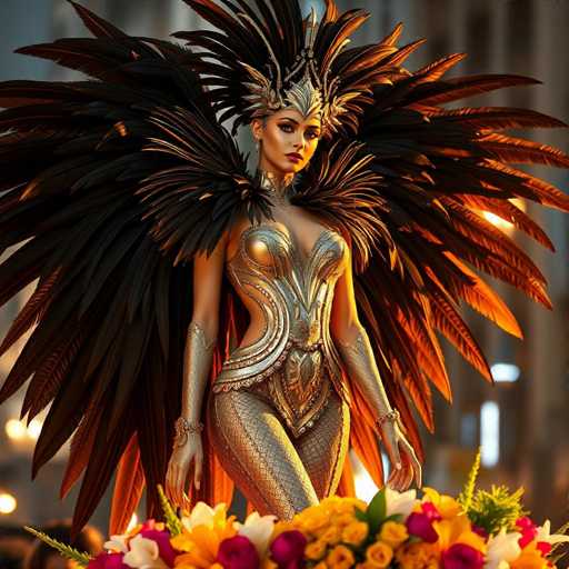 The image depicts a strikingly beautiful woman adorned in elaborate, metallic gold attire. Her outfit features intricate designs, including a breastplate that leaves her midriff exposed, and a skirt that extends to her thighs. She wears long, golden gloves that reach up to her biceps, and a choker around her neck. Her headdress is a grand, metallic gold crown with a feathered structure that extends from her head down to her waist, resembling wings. Large, black feathers fan out behind her, enhancing her majestic appearance. She stands on a platform adorned with a vibrant array of flowers in shades of yellow, red, white, and green. The background is blurred, suggesting an outdoor setting with indistinct buildings and lights. The woman gazes directly at the camera, exuding an aura of confidence and grandeur.