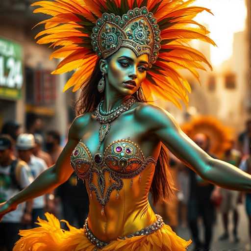 In this vibrant and detailed image, a woman stands at the center of a bustling street, adorned in an elaborate costume that suggests she is part of a parade or festival. Her skin is painted a striking metallic blue, giving her an otherworldly appearance. She wears a grand headdress that resembles a peacock's tail, with orange and yellow feathers fanning out behind her head. The headdress is intricately designed with gold and green accents, and it features a large, ornate crown-like structure.

Her attire is equally elaborate, consisting of a golden bodice with a low neckline, embellished with jewels and feathers. The bodice is form-fitting, highlighting her muscular arms. Around her waist, she wears a golden skirt adorned with feathers and a belt made of gold and silver. Her long, dark hair cascades down her back, and she accessorizes with large, dangling earrings that match the peacock feather theme of her headdress.

The background is blurred, but it reveals a crowd of people and a street lined with buildings, indicating a lively urban setting. The overall scene is rich in color, featuring shades of blue, gold, orange, yellow, green, and black, creating a visually captivating and festive atmosphere.