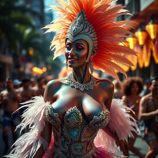 A woman is dancing on a street during carnival time. She is wearing an ornate costume with feathers and jewels that glisten under the sunlight. The costume includes a headpiece adorned with gold and blue jewels, and she has her hair styled in an elaborate updo.