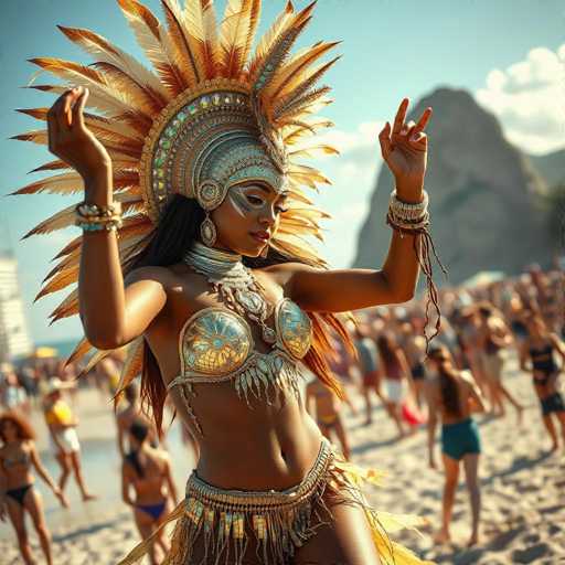 A vibrant photograph captures a lively beach scene, with a central focus on a woman performing a traditional dance. She is adorned in an elaborate costume featuring a golden headdress with intricate feathers and jewels. Her attire includes a shimmering gold bra and a matching skirt, complemented by numerous bracelets and necklaces. Her long, dark hair cascades down as she raises her arms in a graceful pose, her fingers elegantly extended. The background reveals a bustling beach with numerous people, a large rock formation, and a clear blue sky dotted with clouds. The overall atmosphere is one of celebration and cultural expression.
