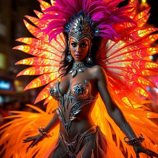 A woman is wearing an elaborate costume with a large headdress and wings that are painted orange and gold. She has her arms outstretched as she stands against the backdrop of a city street at night.