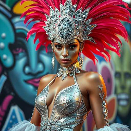 A stunning digital artwork depicts a woman adorned in an elaborate silver dress, exuding an air of regality and mystique. Her attire features a deep neckline that plunges down to her belly button, revealing a hint of cleavage. The dress is intricately designed with a floral pattern at the waist, adding a touch of elegance. Her shoulders are bare, showcasing her smooth skin, while her arms are adorned with a silver bracelet that extends up to her biceps.

Her face is partially covered by a delicate veil, with cutouts for her eyes, nose, and mouth, enhancing her enigmatic allure. She wears long, dangling earrings that complement her regal appearance. Atop her head sits a majestic crown, embellished with red feathers that fan out dramatically, adding a vibrant contrast to her silver ensemble.

The background is a vivid tapestry of graffiti art, featuring a blue face with pink eyes and lips, adding a splash of color and urban grit to the scene. The woman's skin is a rich brown, and her eyes are a deep brown, matching the hue of her lips. The overall composition is a striking blend of classical beauty and modern street art, creating a captivating visual narrative.