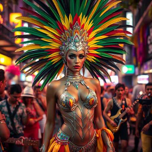 A woman is standing on a street corner wearing an elaborate costume that includes a large headdress with feathers and a gold necklace. She has her arms crossed over her chest and is looking directly at the camera. The background shows a busy city street filled with people walking by.