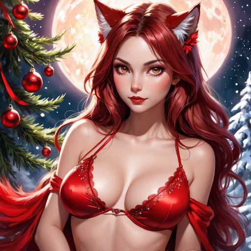 A woman with long red hair is standing against a backdrop featuring a full moon and Christmas trees adorned with red ornaments. She is wearing a red bikini top and has her hair styled in loose waves.