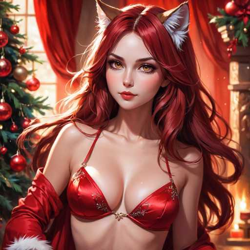 The image depicts a woman with red hair and a red bikini top standing in front of a Christmas tree decorated with red and gold ornaments. The background features a window with white curtains that allows soft light to illuminate the scene.