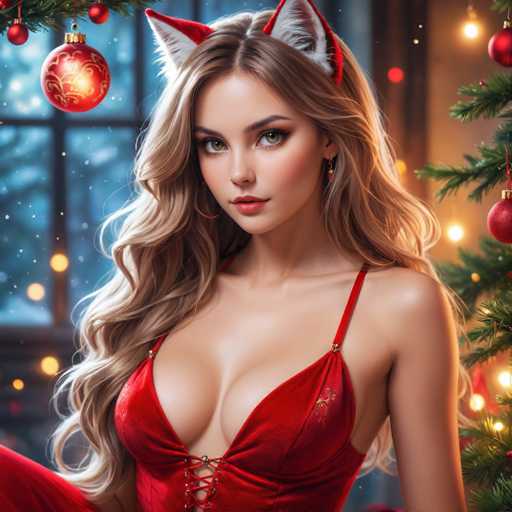 The image depicts a woman with blonde hair wearing a red dress and a Santa hat. She is positioned against the backdrop of a Christmas tree adorned with red and gold ornaments. The room has a window that allows natural light to illuminate the scene, creating a warm and festive atmosphere.