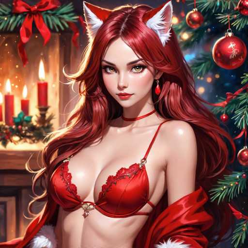 The image depicts a woman with long red hair wearing a red bra and a white top, standing against the backdrop of a Christmas tree adorned with red and gold ornaments. The scene is illuminated by warm candlelight, creating an ethereal glow that enhances the festive atmosphere.