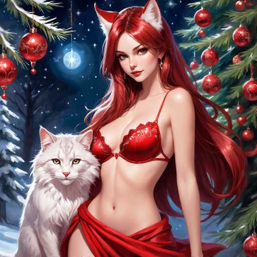 The image depicts a woman with long red hair wearing a red strapless bra and a white skirt, standing next to a white cat. The background features a Christmas tree adorned with red ornaments against a dark blue sky filled with stars.