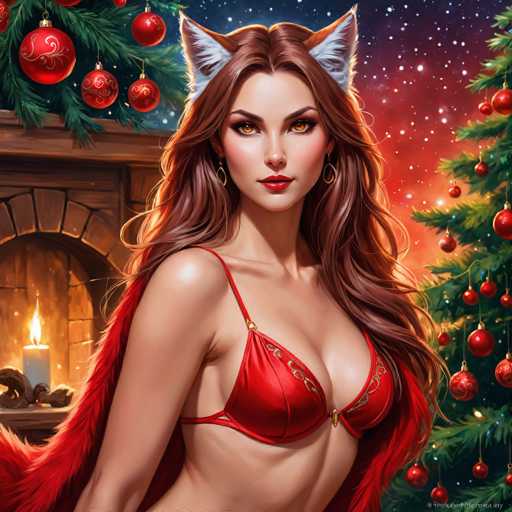 The image depicts a woman with long brown hair wearing a red bra and panties, standing next to a Christmas tree adorned with red and gold ornaments. The background features a starry night sky and a fireplace with a lit candle.