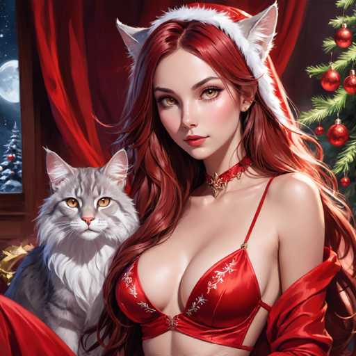 The image depicts a woman with red hair wearing a red bra and a white Christmas stocking hat, standing next to a gray cat. The background features a festive Christmas tree adorned with red and gold ornaments against the dark night sky.