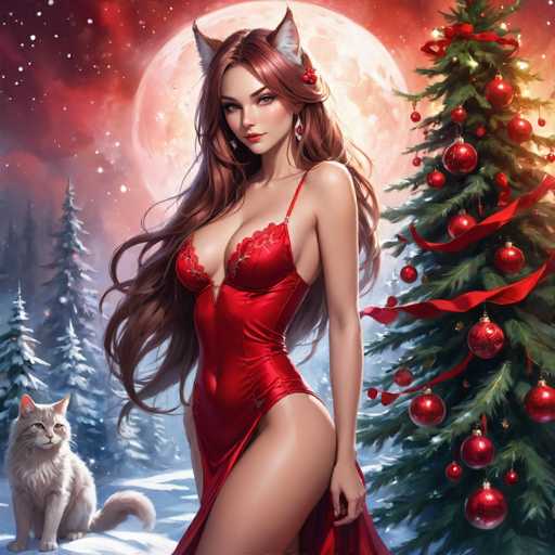 The image depicts a woman wearing a red dress and earrings standing next to a Christmas tree decorated with red and gold ornaments. A white cat is also present in the scene. The background features a full moon and snow-covered trees.