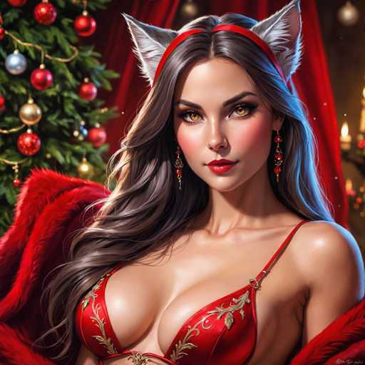 The image depicts a woman with long brown hair wearing a red bra and a headband featuring white cat ears. She is positioned against the backdrop of a Christmas tree adorned with red and gold ornaments. The colors in the image are predominantly red, white, and gold, creating a festive atmosphere.