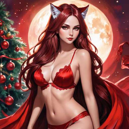 A woman with long red hair is shown wearing a red strapless bra and red lingerie. She has her arms crossed over her chest and is looking directly at the camera. The background features a full moon and Christmas decorations, creating an atmosphere of festivity and celebration.