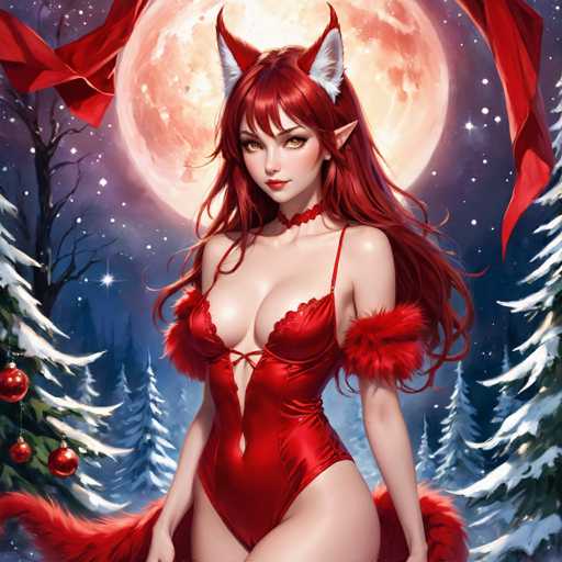 The image depicts a woman with red hair and long hair wearing a red dress and fur corset, standing in front of a full moon against a snowy forest backdrop. The woman is positioned centrally within the frame, drawing attention to her striking appearance.