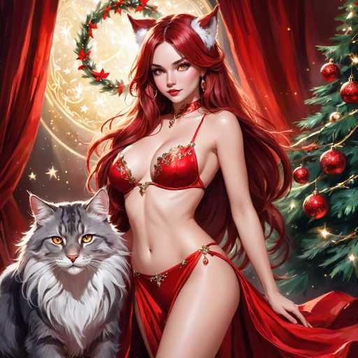 The image depicts a woman with long red hair and a red braided ponytail standing next to a gray cat wearing a gold collar. The background features a Christmas tree adorned with red and gold ornaments against a dark red curtain backdrop.