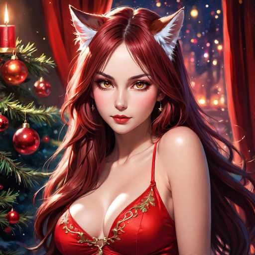 The image depicts a woman with long red hair wearing a red dress and gold accents on her chest and neckline. She is positioned against the backdrop of a Christmas tree adorned with red and gold ornaments, suggesting that it's either around Christmas time or during the holiday season. The woman has striking blue eyes and a bright smile, adding to the festive atmosphere of the scene.