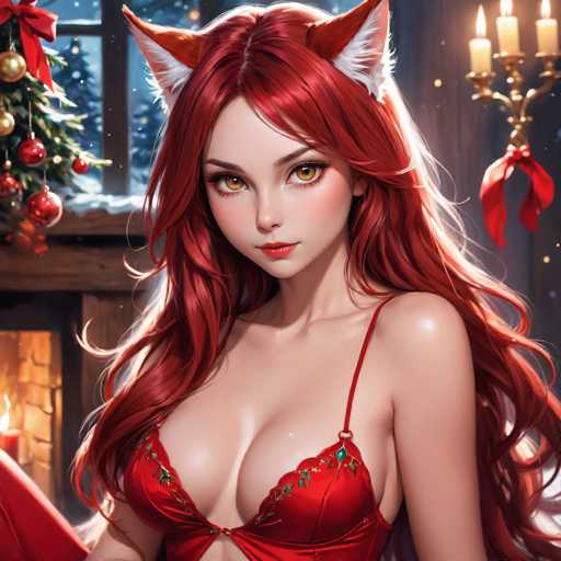 A woman with red hair and a red bra stands in front of a fireplace decorated with Christmas ornaments. She is wearing a red dress that matches the color of her hair. The background features a window covered by white curtains, allowing soft light to enter the room.