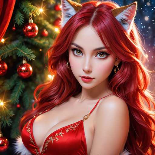 The image depicts a woman with red hair wearing a red dress and gold earrings standing next to a Christmas tree decorated with red and gold ornaments. The background is dark blue with white snowflakes falling from the sky.