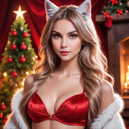 A woman with blonde hair is wearing a red bra and white fur coat while standing in front of a Christmas tree decorated with red and gold ornaments.