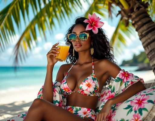 A stunning photograph captures a young woman lounging on a beach chair, exuding tropical elegance. She is adorned in a vibrant two-piece bikini, featuring a floral pattern with pink and red flowers and green leaves. Her ensemble is complemented by a matching cover-up draped over her shoulders, which also showcases the same floral design. Her long, curly black hair cascades down her back, accentuated by a large pink flower tucked behind her ear. She wears striking gold-framed sunglasses with reflective lenses, mirroring the serene ocean and sky. Her lips are painted a bold red, adding a pop of color to her look. In her right hand, she holds a glass of orange juice, while her left hand rests casually on the chair. The chair itself is white, adorned with a floral pattern that mirrors her bikini and cover-up. The background reveals a picturesque beach scene with palm trees, the ocean, and a clear blue sky dotted with white clouds, creating a perfect tropical paradise setting.