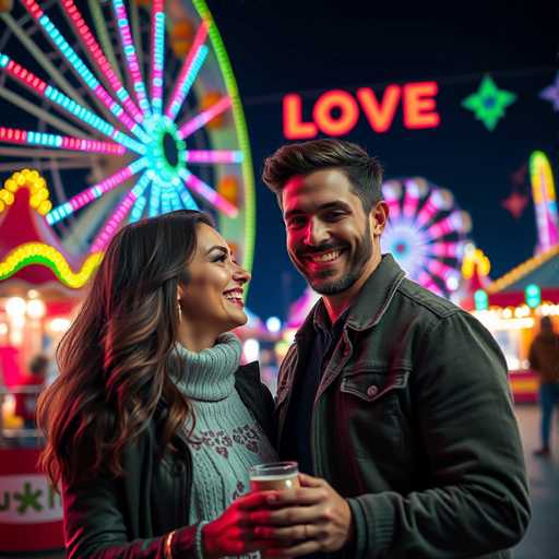 A couple is standing next to each other at a carnival, with the man holding a drink and the woman smiling at him. The background features colorful lights from various rides and attractions, creating a festive atmosphere.