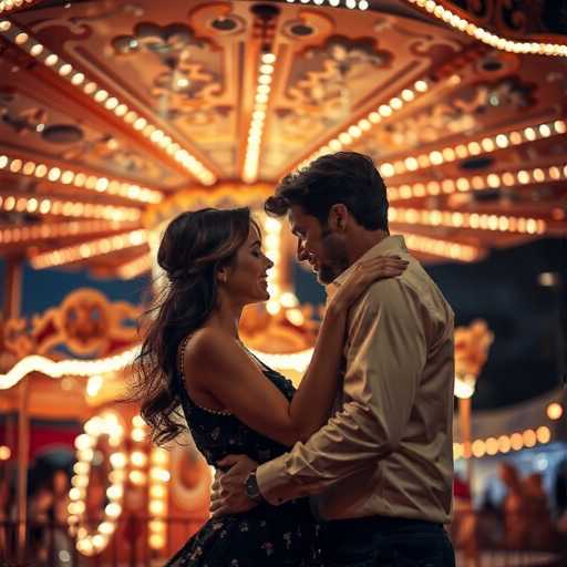 A couple stands under a carousel at an amusement park, with the man wearing a brown shirt and the woman wearing a black dress. The carousel is illuminated by orange lights against a dark sky backdrop.