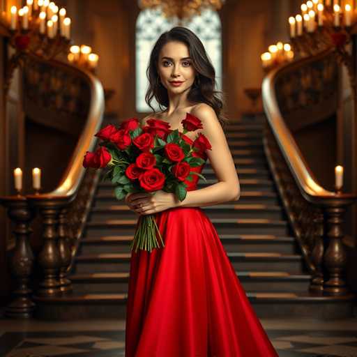 In this captivating image, a woman stands gracefully at the bottom of a grand, ornate staircase. She is adorned in a stunning red dress that features a strapless design, elegantly highlighting her shoulders and upper arms. The dress is form-fitting, accentuating her figure before flowing into a voluminous skirt that extends to the floor. The woman's long, dark hair cascades down her back, complementing her striking red lipstick and the delicate hoop earrings that dangle from her ears. Her expression is serene, with a gentle smile gracing her face.

In her hands, she holds a bouquet of vibrant red roses, each flower perfectly bloomed and adorned with lush green leaves. The staircase behind her is a marvel of craftsmanship, with a dark brown wooden base and a golden railing that adds a touch of opulence. The steps themselves are a rich dark brown, interspersed with lighter brown accents that create a visually appealing pattern. Flanking the staircase are two candelabras, each holding two candles that cast a warm, inviting glow. The background is softly blurred, drawing attention to the woman and the staircase, while a large window at the top of the stairs allows natural light to filter in, enhancing the overall ambiance of the scene.