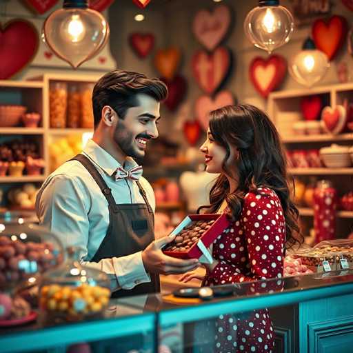 In this charming photograph, a man and a woman are captured in a delightful moment inside a candy store. The man, with dark hair and a neatly trimmed beard, is dressed in a white shirt and a brown apron. He holds a red box filled with what appear to be chocolate-covered nuts, extending it towards the woman. The woman, with long dark hair cascading over her shoulders, is adorned in a red dress decorated with white polka dots. She gazes up at the man with a warm smile, her lips painted a vibrant red. The background is softly blurred, revealing shelves lined with various candies and jars of nuts. Adding to the whimsical atmosphere, heart-shaped lights hang from the ceiling, casting a romantic glow over the scene.