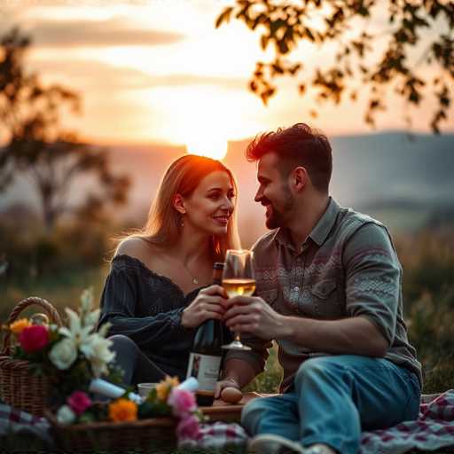 In this captivating photograph, a couple is seated on a picnic blanket, enjoying a serene moment together. The woman, with long blonde hair cascading over her shoulders, is dressed in a black off-the-shoulder top. She holds a wine glass filled with a light yellow liquid, her gaze fixed lovingly on her partner. The man, sporting short brown hair and a beard, is dressed in a gray button-up shirt with rolled-up sleeves and blue jeans. He mirrors her actions, holding a wine glass in his right hand, and looks back at her with a warm smile. Between them, a small wooden tray holds a bottle of wine and a carton of eggs, adding to the rustic charm of the scene. To the left of the woman, a wicker basket brimming with flowers and a white candle sits on the blanket, enhancing the romantic atmosphere. The background is softly blurred, featuring a picturesque landscape of rolling hills, trees, and a stunning sunset that bathes the couple in a warm, golden light.