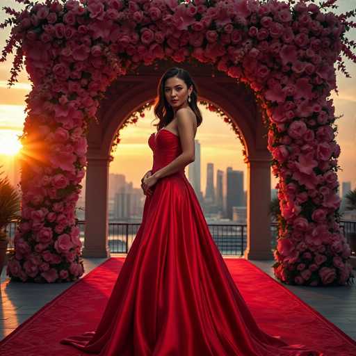 A stunning photograph captures a woman standing gracefully on a red carpet, set against the backdrop of a vibrant cityscape at sunset. The woman, who appears to be of Asian descent, is adorned in a stunning red dress that features a sweetheart neckline and a fitted bodice. The dress elegantly flares out from the knees, creating a dramatic silhouette. She has long, dark hair cascading down her back and is wearing long, dangling earrings that add a touch of glamour to her ensemble. Her pose is poised and confident, with her body angled to the left while she gazes directly at the camera over her shoulder.

The red carpet she stands on is laid out on a sleek, gray stone floor, adding a touch of formality to the scene. Behind her, a black metal railing frames the view, leading the eye to an archway that is beautifully adorned with lush pink roses. The archway, with its two columns, frames the city skyline perfectly, where tall buildings and skyscrapers stand silhouetted against the setting sun. The sky is a breathtaking palette of orange and yellow hues, with the sun peeking out from behind the archway, casting a warm glow over the entire scene. This photograph beautifully captures a moment of elegance and tranquility, set against the dynamic urban landscape.