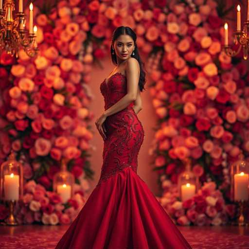 A woman is standing in front of a large floral archway made up of pink and red roses. She is wearing a long, elegant red dress with gold accents that reaches down to her knees. The background features a chandelier hanging from the ceiling, casting a warm glow over the scene.