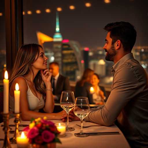 In this AI-generated image, a couple is seated at a table in a restaurant, gazing at each other. The woman, positioned on the left, has long brown hair with highlights and is wearing a white tank top. She is adorned with a necklace and a bracelet on her left wrist. The man, seated on the right, has short brown hair and a beard, and is dressed in a light gray button-up shirt. The table is set with a white tablecloth, two wine glasses filled with a clear liquid, and a small bouquet of flowers. A lit candle in a glass holder adds a warm glow to the scene. In the background, other diners can be seen, along with a window that reveals a cityscape with illuminated buildings. The image has a slightly surreal quality, with the couple's hands appearing to merge together in an unusual way.