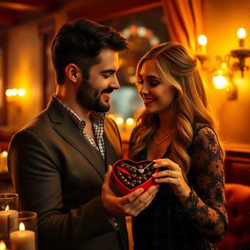 In this AI-generated image, a man and a woman are depicted in a romantic setting, gazing into each other's eyes with warm smiles. The man, positioned on the left, has short black hair and a neatly trimmed beard. He is dressed in a brown suit jacket over a checkered shirt, exuding a casual yet polished look. The woman, on the right, has long blonde hair cascading down her shoulders and is adorned in a black lace dress, adding an elegant touch to her appearance. She wears a delicate necklace that complements her outfit. Both individuals are holding a red heart-shaped box, which appears to contain chocolates and a silver necklace, suggesting a gesture of affection or an anniversary celebration. The background is softly blurred, featuring warm yellow lights and a wall with a window, creating a cozy and intimate atmosphere. In the bottom left corner, a few lit candles add a romantic glow to the scene.