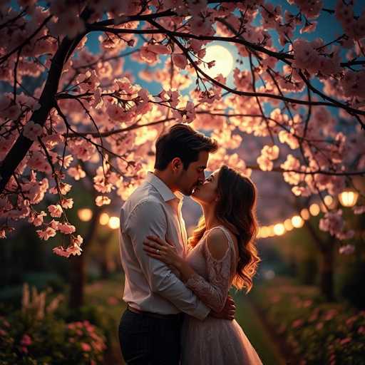 A couple is sharing an intimate moment under a tree with pink flowers and a full moon casting a soft glow on the scene. The man wears a white shirt and black pants, while the woman is dressed in a white dress that matches the color of the blossoms above them. They are standing close together, their bodies almost touching as they share a kiss.