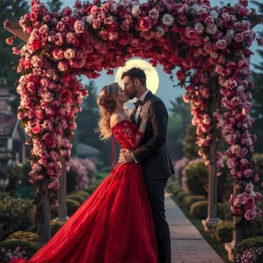 In this enchanting photograph, a couple is captured in a tender embrace, sharing a kiss under a beautifully adorned archway. The man, dressed in a classic black tuxedo with a white shirt and a black bow tie, has short brown hair and a beard. He lovingly cradles the woman's waist with his right hand. The woman, with long blonde hair cascading down her back, wears a stunning red dress that features a deep neckline adorned with intricate lace and heart-shaped cutouts. Her left hand gently rests on the man's chest as she leans into the kiss.

The archway they stand beneath is a spectacle of beauty, constructed from gray stone and lavishly decorated with cascading pink and white roses. The floral arrangement drapes elegantly over the top and sides of the arch, creating a romantic canopy. Behind them, a full moon glows softly, casting a gentle light over the scene. The background reveals a serene setting with lush green trees, neatly trimmed bushes, and a stone walkway that leads to a house with a red roof and white walls. The overall ambiance is one of romance and tranquility, perfectly capturing a moment of affectionate connection.