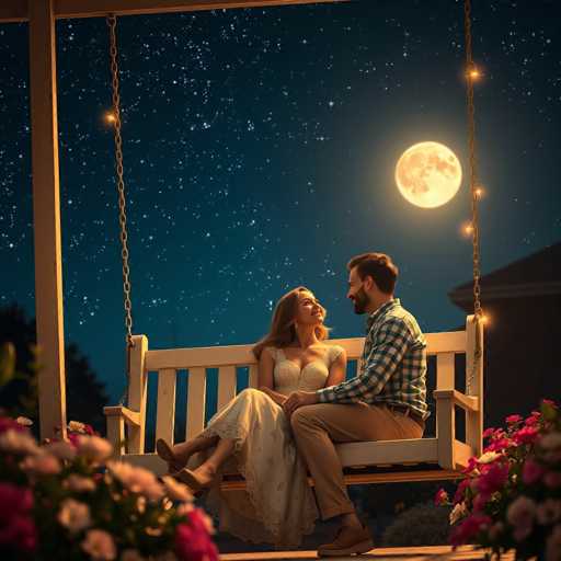 In this captivating nighttime scene, a couple sits on a wooden swing suspended by four chains, each adorned with small lights that illuminate the area around them. The man, dressed in a blue and white checkered shirt, khaki pants, and brown shoes, has short brown hair and a beard. He gazes lovingly at the woman beside him. She wears a white dress with lace detailing at the bottom and has long brown hair cascading over her shoulders. Her legs are crossed as she looks up at him with a smile. The background features a dark blue sky filled with stars, with a full moon casting a soft glow. Below the swing, a lush array of pink and white flowers adds a touch of color to the serene setting. The overall atmosphere is one of romance and tranquility, perfectly captured in this moment.