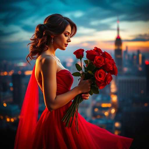A captivating image features a woman standing on a rooftop, gazing thoughtfully into the distance. She is adorned in a striking red dress, with a sheer red scarf elegantly draped over her shoulder. Her long, dark brown hair cascades down her back, complementing her delicate silver earrings. In her hands, she holds a bouquet of vibrant red roses, adding a touch of romance to the scene. The background reveals a city skyline, with a prominent building featuring a tall spire that pierces the sky. The setting sun casts a warm, golden glow over the city, creating a serene and picturesque atmosphere.