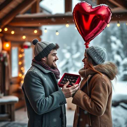 In this AI-generated image, a couple stands in the foreground, facing each other against a snowy backdrop. The man, positioned on the left, wears a gray beanie with a black rim and a small pom-pom on top. He sports a beard and mustache, and his eyes are slightly off, with one eye appearing smaller than the other. He is dressed in a gray jacket and holds a red box of chocolates in his hands. The woman, on the right, wears a gray beanie and a brown coat with a fur-lined hood. Her eyes are also slightly misaligned, with one eye looking smaller than the other. She has long brown hair cascading from beneath her beanie. A red heart-shaped balloon floats above her head, adding a festive touch to the scene. The background features a blurred log cabin adorned with string lights, enhancing the cozy, wintry atmosphere.