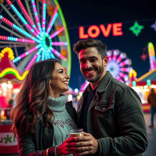 In this vibrant nighttime photograph, a couple stands at the center of a bustling carnival, their joyous expressions illuminated by the colorful lights surrounding them. The man, with short dark hair and a neatly trimmed beard, beams widely, his smile revealing his teeth. He is dressed in a dark jacket over a dark shirt. Beside him, the woman, with long dark hair cascading over her shoulders, gazes up at him adoringly. She is wearing a gray turtleneck sweater adorned with red hearts and a matching gray jacket. Both are holding drinks, though the man's hand appears slightly distorted, with his fingers looking unusually long and thin. The woman's hand is not visible in the image.

Behind them, a large Ferris wheel adorned with a variety of lights—blue, pink, green, and yellow—dominates the background. A prominent neon sign spelling "LOVE" in red letters adds to the festive atmosphere. To the right, another Ferris wheel can be seen, along with a green star-shaped decoration and a tall, cylindrical object that appears to be a ride. The scene is lively, with numerous lights and people milling about, capturing the essence of a joyful carnival night.