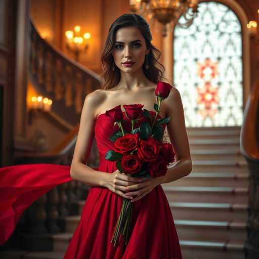 A stunning woman stands gracefully in the center of a grand, opulent room. She is adorned in a strapless red dress that accentuates her elegant figure, with a flowing cape that adds a touch of regality to her ensemble. Her long, wavy brown hair cascades down her shoulders, framing her face beautifully. She holds a bouquet of vibrant red roses, their lush green stems and leaves adding a fresh contrast to her attire. Her striking red lipstick complements her fair complexion, and she gazes directly at the camera with a composed, yet captivating expression.

The room around her exudes luxury and sophistication. Behind her, a majestic white staircase with intricately carved wooden railings ascends, adding to the grandeur of the setting. To the right, a large, ornate window with an arched top and intricate metalwork allows light to filter into the space, casting a warm glow. The walls are painted a rich brown, enhancing the room's warm and inviting atmosphere. On the left side of the image, a candelabra with three lit candles adds a touch of classic elegance, while another candelabra with four candles is positioned in the upper left corner, further illuminating the room with their soft, flickering light.
