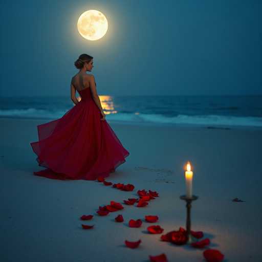 A captivating photograph captures a serene beach scene at twilight. The sky is a deep, dark blue, hinting at the approaching night. The ocean stretches out, its waves gently lapping against the shore. In the foreground, a woman stands gracefully on the sand, her back to the camera. She is adorned in a stunning red dress with a sheer, flowing skirt that cascades around her feet. Her hair is elegantly styled in a bun, and she wears a single earring that glints subtly in the fading light. The dress features a low-cut back, adding an element of sophistication to her appearance. She gazes out over the ocean, lost in thought. Scattered around her feet are delicate rose petals, leading towards a lit candle in a holder, casting a warm glow on the sand. The scene is both romantic and tranquil, capturing a moment of quiet beauty.