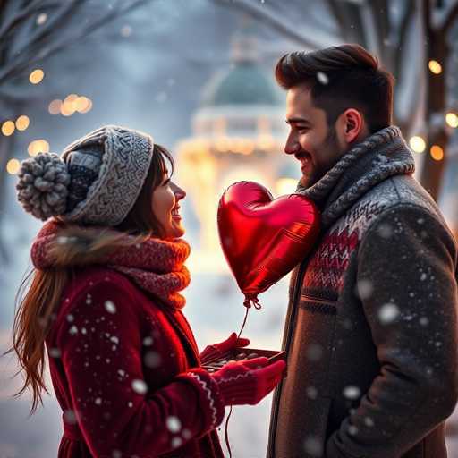 In this enchanting winter scene, a couple stands hand in hand, gazing lovingly into each other's eyes. The woman, positioned on the left, is adorned in a cozy winter hat with a playful pom-pom on top. Her long brown hair cascades down, framing her face, and she is wrapped in a vibrant red coat with a fur-lined hood. Her hands are protected by matching red mittens as she holds a small box filled with what appear to be chocolate-covered strawberries. 

The man, standing to her right, is equally captivating. He sports a stylish beard and mustache, with his hair neatly styled. His attire includes a gray sweater with a striking red and black pattern on the front, complemented by a gray hood. A heart-shaped balloon floats near his shoulder, adding a whimsical touch to the moment.

Behind them, a majestic building with a green dome and a white base stands tall, its windows glowing warmly in the winter light. The scene is further enhanced by the gentle snowfall, with delicate snowflakes visible on the couple's clothing and in the air. The background is softly blurred, drawing focus to the couple and the serene winter wonderland around them.