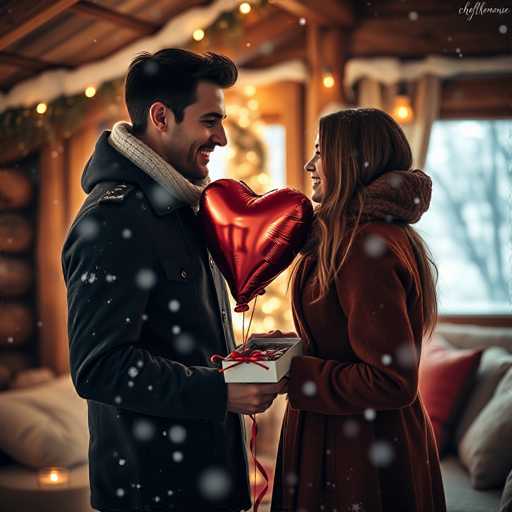 A man and woman standing together with a red heart balloon between them.