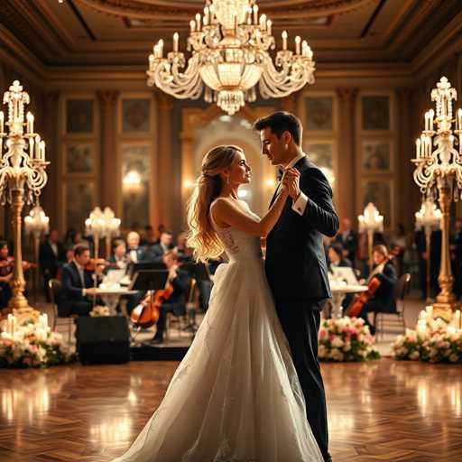 In this AI-generated image, a bride and groom are captured in a tender moment on a dance floor. The bride, adorned in a stunning white gown, has long blonde hair elegantly styled in a ponytail. She gazes lovingly at her groom, who is dressed in a classic black tuxedo. The groom, with short brown hair, looks down at her with a gentle smile, his eyes closed in a moment of connection. 

The setting is a grand ballroom, with an ornate chandelier hanging above them, casting a soft glow over the scene. Surrounding the couple are several tall candelabras, adding to the romantic ambiance. In the background, a band is seated at tables, playing various instruments, including violins and a cello. The room is further decorated with large bouquets of flowers placed on the tables, enhancing the elegant atmosphere. The entire scene exudes a sense of celebration and romance, perfectly capturing the joyous moment of the newlyweds.