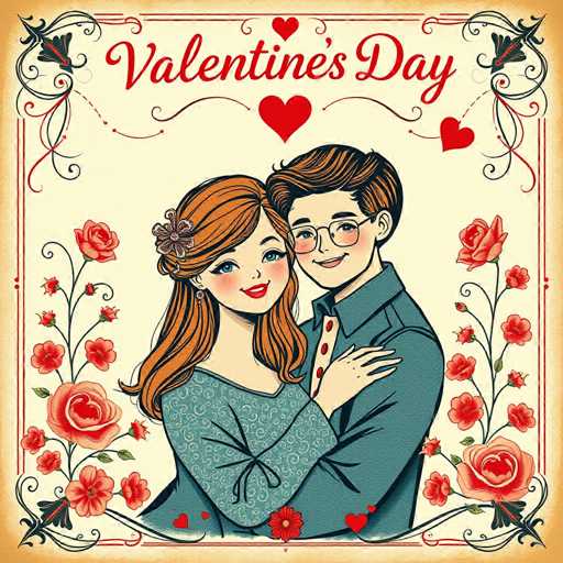 The image is a vintage-style card celebrating Valentine's Day with a couple embracing each other and surrounded by red roses. The text "Valentines Day" is written above the couple in cursive font.