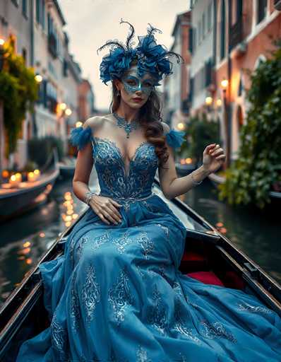 In this captivating image, a woman is seated in a small, ornate gondola on a serene canal, flanked by tall, historic buildings. She is adorned in a stunning, off-the-shoulder blue gown embellished with intricate white floral patterns and silver accents. The dress features a deep V-neckline that plunges to her waist, and its voluminous skirt cascades elegantly to the floor. Her ensemble is complemented by a matching blue choker necklace and a bracelet on her left wrist. She wears a delicate blue lace mask that partially obscures her eyes, and her head is crowned with an elaborate headdress adorned with blue feathers and flowers. Her long, curly brown hair cascades over her left shoulder. The gondola itself is a rich brown, with a red cushion adding a touch of warmth. The background is softly blurred, highlighting the woman and her gondola while hinting at the charming architecture and other boats along the canal.